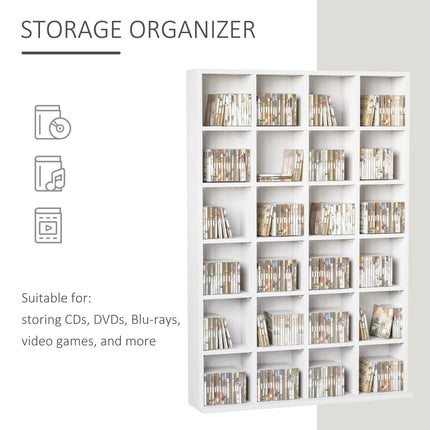 480 CD 312 DVD Storage Shelf Rack with 4 Adjustable Shelves Wooden Bookcase Display Unit - White
