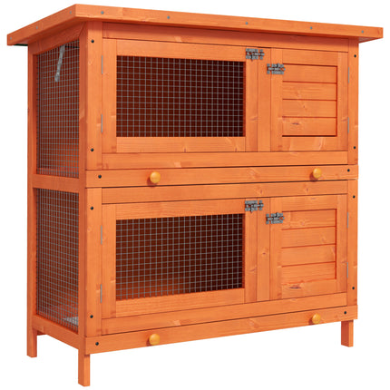 Wooden 2-Tier Rabbit Hutch with Slide-Out Tray and Hinged Roof for Indoor Use - Vintage Yellow Green