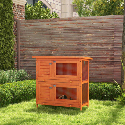 Wooden 2-Tier Rabbit Hutch with Slide-Out Tray and Hinged Roof for Indoor Use - Vintage Yellow Green