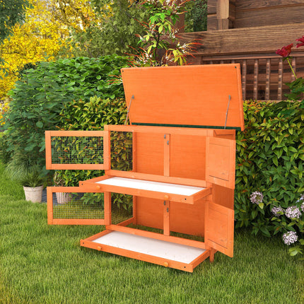 Wooden 2-Tier Rabbit Hutch with Slide-Out Tray and Hinged Roof for Indoor Use - Vintage Yellow Green