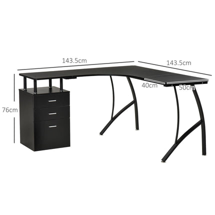 L-Shaped Computer Desk with Storage Drawers Home Office Workstation - Black