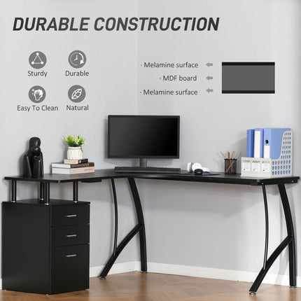 L-Shaped Computer Desk with Storage Drawers Home Office Workstation - Black