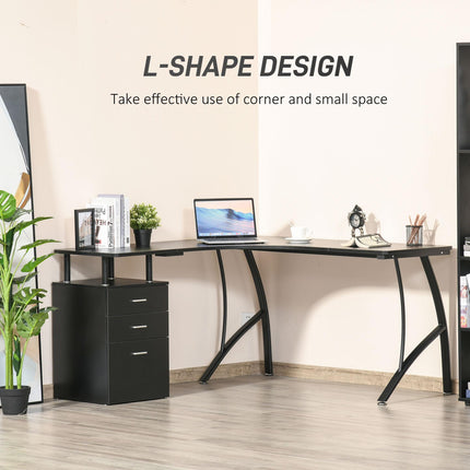 L-Shaped Computer Desk with Storage Drawers Home Office Workstation - Black