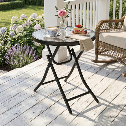 Foldable Round Garden Table with Glass Top and Safety Buckle for Patio Indoor Outdoor - Black