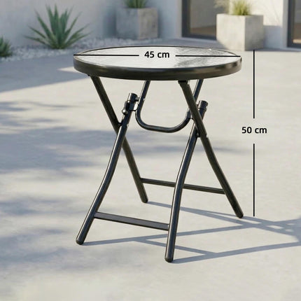 Foldable Round Garden Table with Glass Top and Safety Buckle for Patio Indoor Outdoor - Black