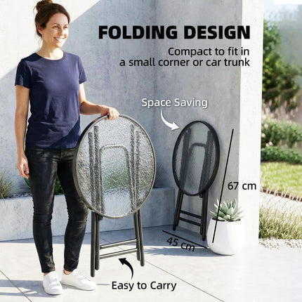 Foldable Round Garden Table with Glass Top and Safety Buckle for Patio Indoor Outdoor - Black