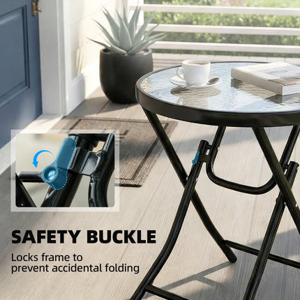 Foldable Round Garden Table with Glass Top and Safety Buckle for Patio Indoor Outdoor - Black