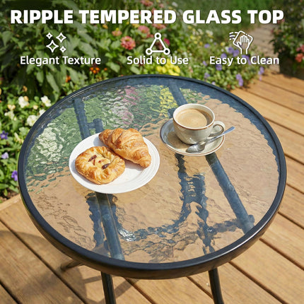Foldable Round Garden Table with Glass Top and Safety Buckle for Patio Indoor Outdoor - Black