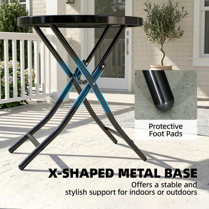 Foldable Round Garden Table with Glass Top and Safety Buckle for Patio Indoor Outdoor - Black