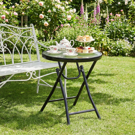 Foldable Round Garden Table with Glass Top and Safety Buckle for Patio Indoor Outdoor - Black
