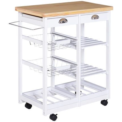 Rolling Kitchen Island Trolley Cart with Drawer, Shelves, Basket & 6-Bottle Wine Rack - White