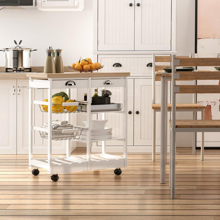 Rolling Kitchen Island Trolley Cart with Drawer, Shelves, Basket & 6-Bottle Wine Rack - White