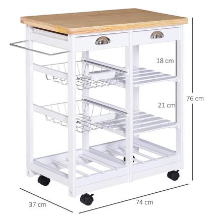 Rolling Kitchen Island Trolley Cart with Drawer, Shelves, Basket & 6-Bottle Wine Rack - White