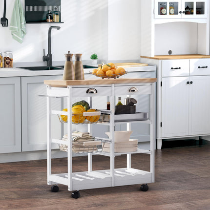Rolling Kitchen Island Trolley Cart with Drawer, Shelves, Basket & 6-Bottle Wine Rack - White