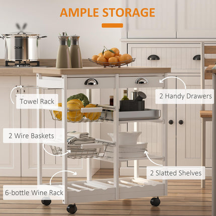 Rolling Kitchen Island Trolley Cart with Drawer, Shelves, Basket & 6-Bottle Wine Rack - White
