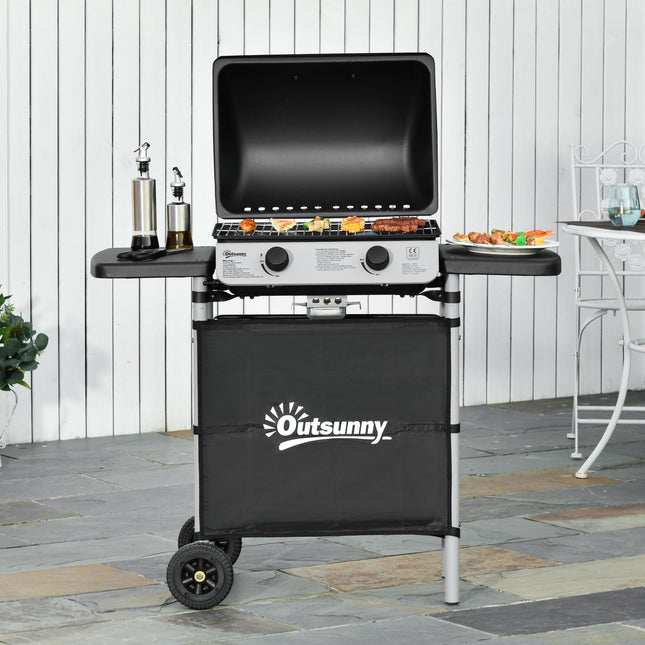2 Burner Propane Gas Barbecue Grill with Side Shelves - Black