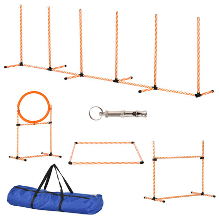 Pet Dog Agility Training Set with Adjustable Jump, Hurdle Bar, Pause Box & Carry Bag - Orange White