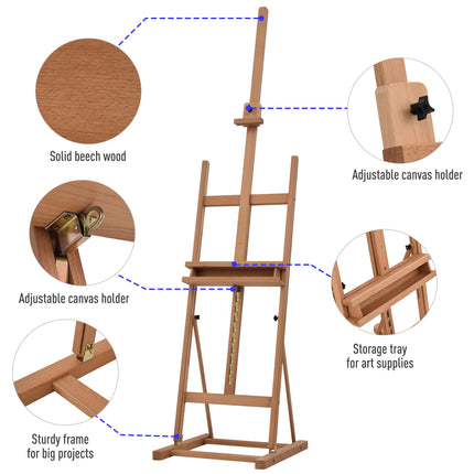 H-Frame Adjustable Wooden Studio Easel with Canvas Holder and Pencil Case - Natural Wood