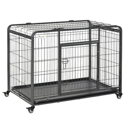 Heavy Duty Foldable Dog Crate with Double Doors, Removable Tray & Lockable Wheels - Dark Grey