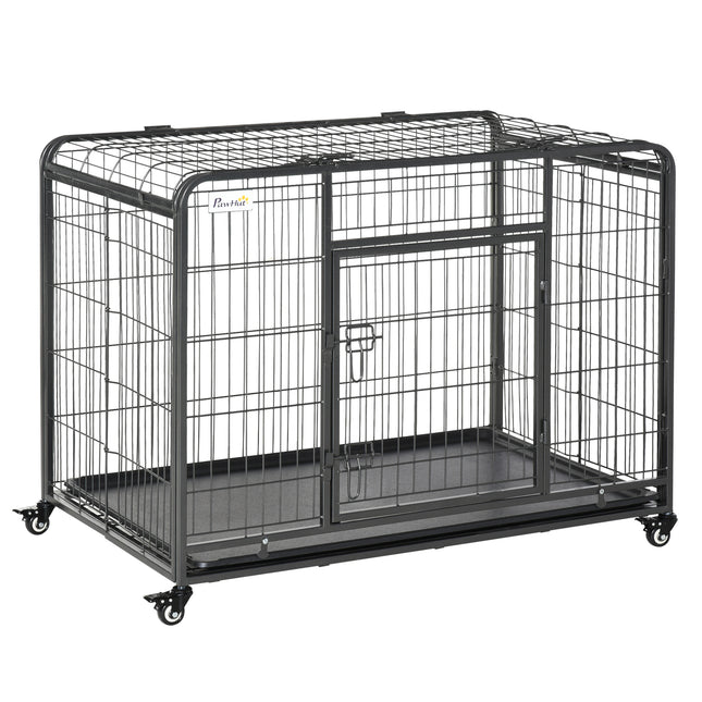 Heavy Duty Foldable Dog Crate with Double Doors, Removable Tray & Lockable Wheels - Dark Grey