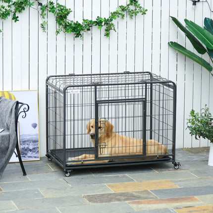 Heavy Duty Foldable Dog Crate with Double Doors, Removable Tray & Lockable Wheels - Dark Grey