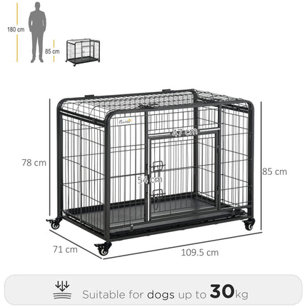 Heavy Duty Foldable Dog Crate with Double Doors, Removable Tray & Lockable Wheels - Dark Grey
