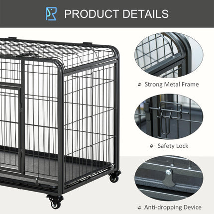 Heavy Duty Foldable Dog Crate with Double Doors, Removable Tray & Lockable Wheels - Dark Grey