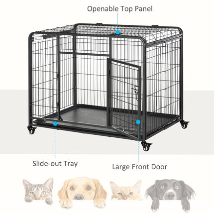 Heavy Duty Foldable Dog Crate with Double Doors, Removable Tray & Lockable Wheels - Dark Grey