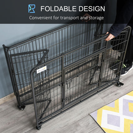 Heavy Duty Foldable Dog Crate with Double Doors, Removable Tray & Lockable Wheels - Dark Grey