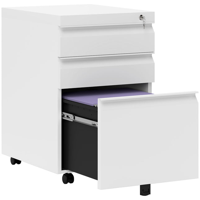 3-Drawer Lockable Mobile Vertical File Cabinet with Castors - White