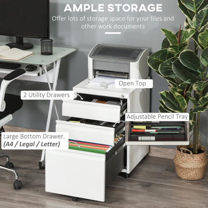3-Drawer Lockable Mobile Vertical File Cabinet with Castors - White