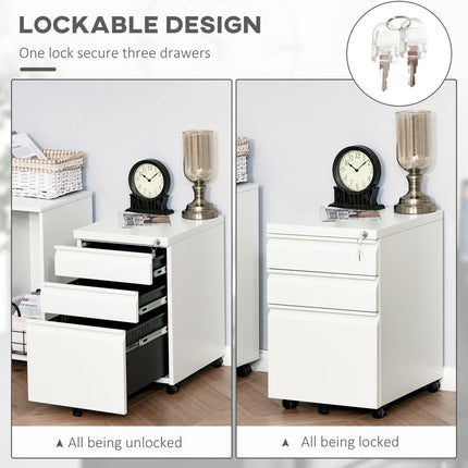 3-Drawer Lockable Mobile Vertical File Cabinet with Castors - White