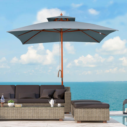 3x3m Wood Square Patio Umbrella with Pulley Pagoda Style Canopy - Dark Grey