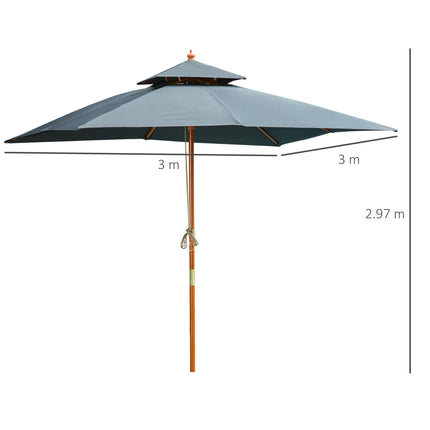 3x3m Wood Square Patio Umbrella with Pulley Pagoda Style Canopy - Dark Grey