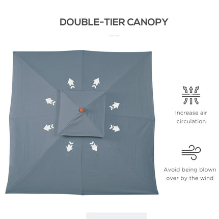 3x3m Wood Square Patio Umbrella with Pulley Pagoda Style Canopy - Dark Grey
