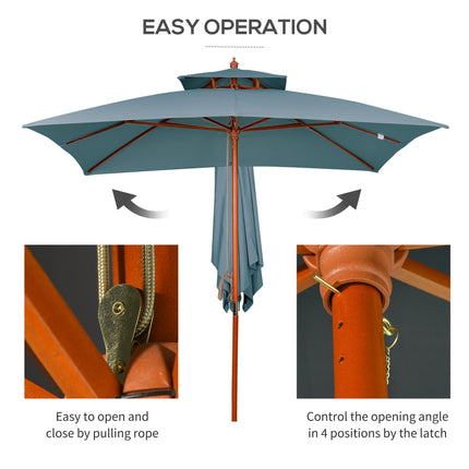 3x3m Wood Square Patio Umbrella with Pulley Pagoda Style Canopy - Dark Grey