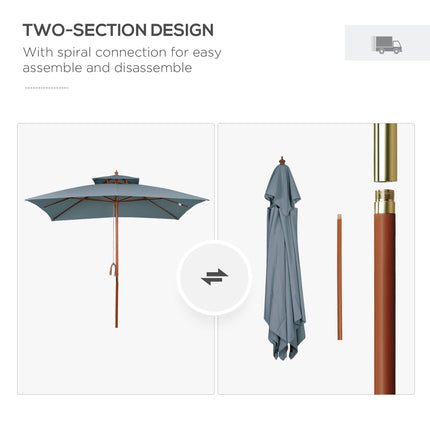3x3m Wood Square Patio Umbrella with Pulley Pagoda Style Canopy - Dark Grey