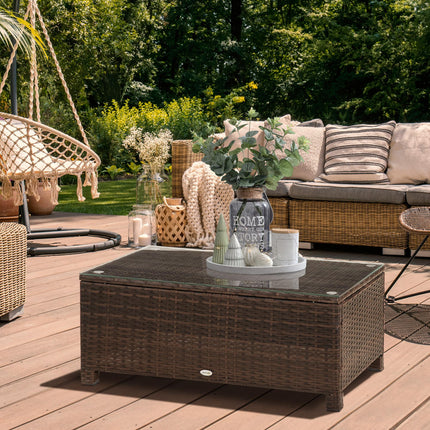 Rattan Garden Coffee Table with Tempered Glass 85x50x39 cm - Mixed Brown