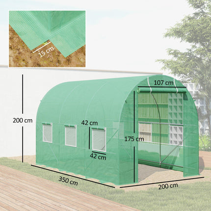 3.5 x 2m Walk-In Polytunnel Greenhouse with Steel Frame and PE Cover - Green
