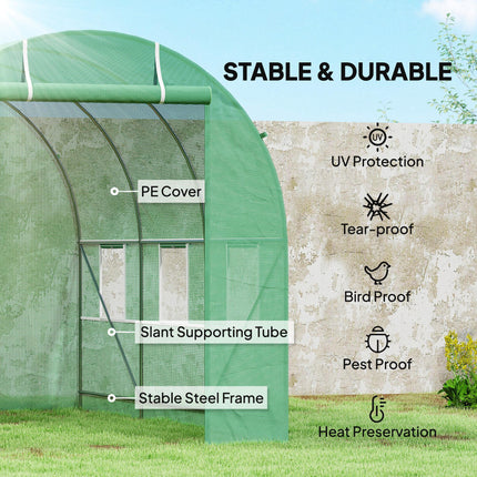 3.5 x 2m Walk-In Polytunnel Greenhouse with Steel Frame and PE Cover - Green