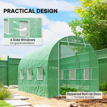 3.5 x 2m Walk-In Polytunnel Greenhouse with Steel Frame and PE Cover - Green