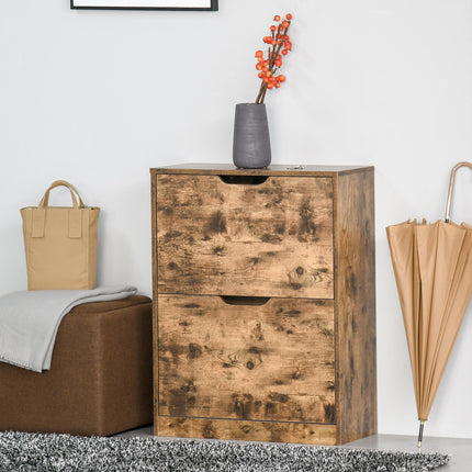 2 Drawer Industrial Shoe Cabinet with Flip Doors and Adjustable Shelf for 12 Pairs - Rustic Brown