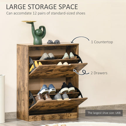 2 Drawer Industrial Shoe Cabinet with Flip Doors and Adjustable Shelf for 12 Pairs - Rustic Brown