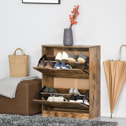 2 Drawer Industrial Shoe Cabinet with Flip Doors and Adjustable Shelf for 12 Pairs - Rustic Brown