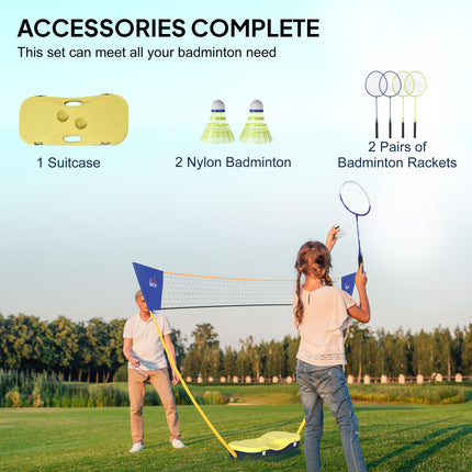 Portable Foldable Badminton Net Set with Rackets & Shuttlecocks for Indoor Outdoor - Yellow Blue