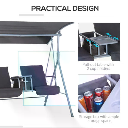 Steel Frame 2-Seater Swing Chair with Table - Grey