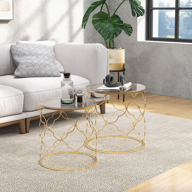 Nesting Tables Set of 2, Modern Stacking Side End Table with Tempered Glass Top,