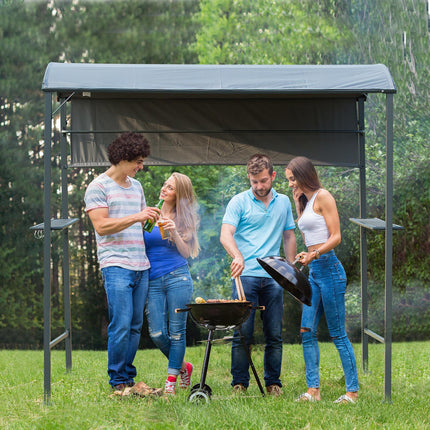 2.2 x 1.4m BBQ Shelter, Outdoor Grill Gazebo Canopy with Shelves, Hanging Hooks,