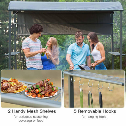 2.2 x 1.4m BBQ Shelter, Outdoor Grill Gazebo Canopy with Shelves, Hanging Hooks,