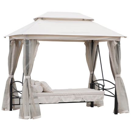 Outdoor 2-in-1 Convertible 3-Seater Swing Chair Bed with Nettings - Cream White & Black